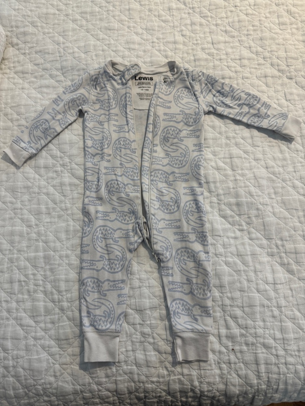 Lewis Baby Light Gray & Blue Alligator Zip One-Piece sleeper. 12-18 months